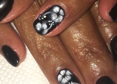 Intricate black and white nail art at Marie’s Nail Loft, Bonner Springs, Kansas, US.