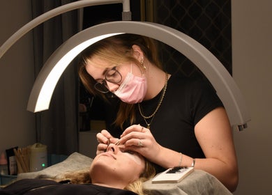 Technician perfecting eyelash extensions at Brookelyn Beauty, Perth, Western Australia, AU.