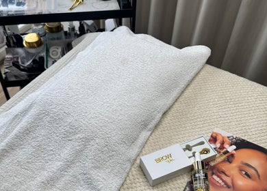 Tranquil beauty treatment setup at Brows By Jenna in Northampton, England, GB showcasing brow products.