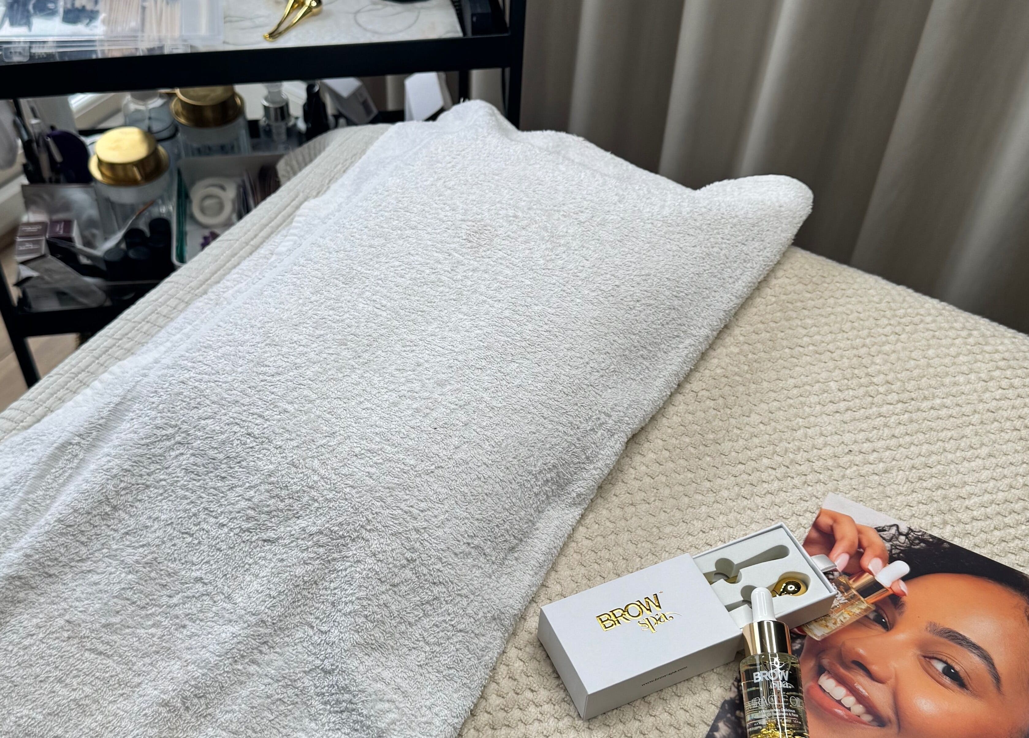 Tranquil beauty treatment setup at Brows By Jenna in Northampton, England, GB showcasing brow products.