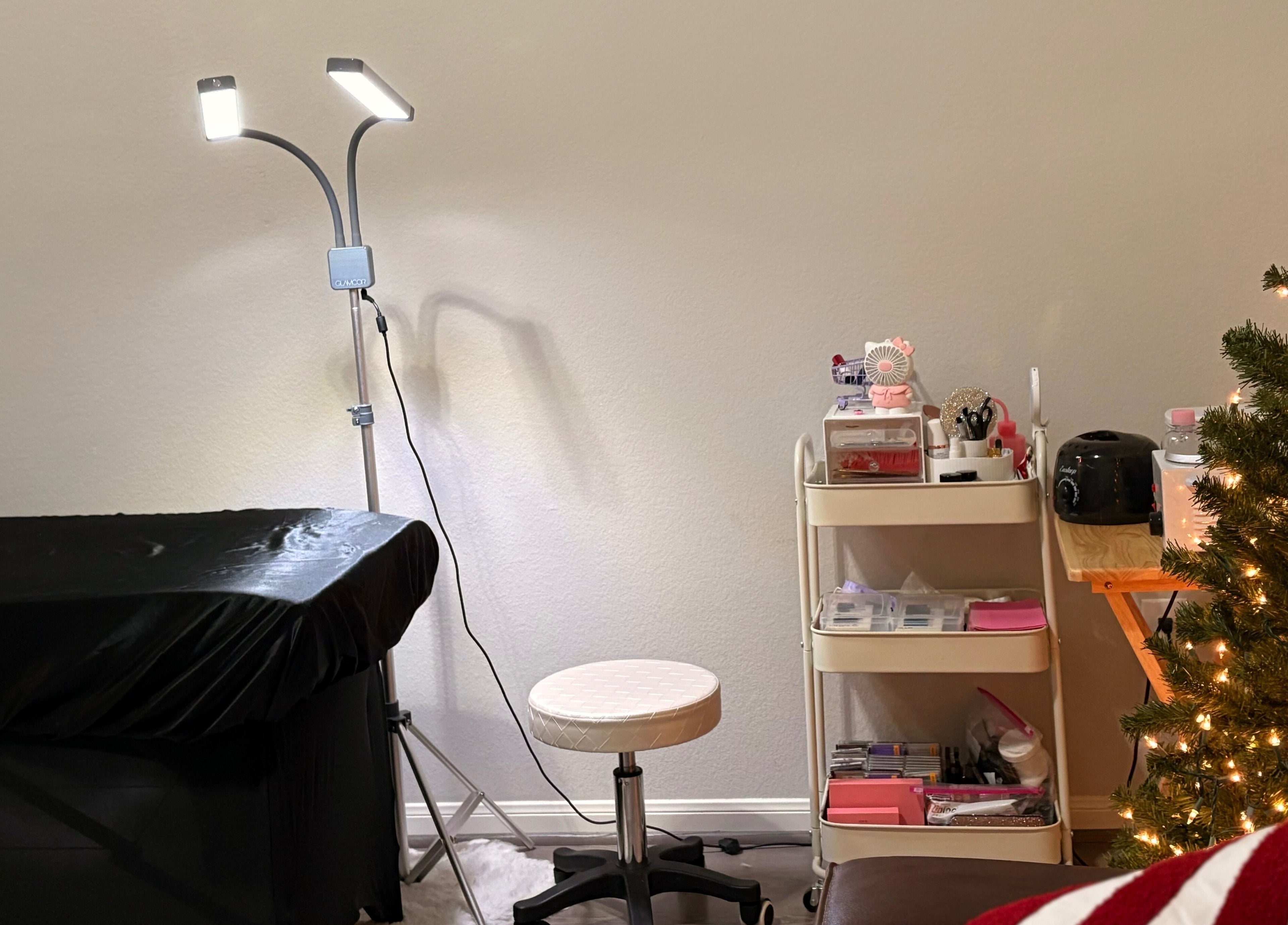 Cozy beauty setup at Elegance Studio, Houston, Texas with specialized lighting and festive decor.