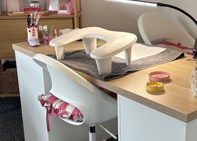 Nail station setup at Holly Coukham Nails and Brows, Hemsworth, England, GB, featuring manicure tools.