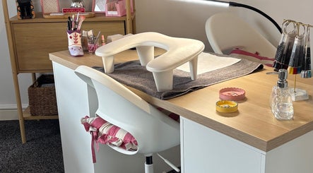 Nail station setup at Holly Coukham Nails and Brows, Hemsworth, England, GB, featuring manicure tools.