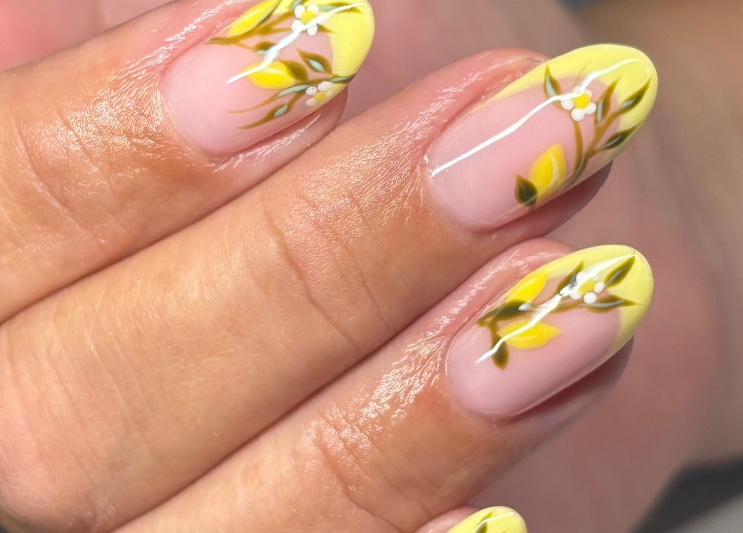 Yellow floral nail art by Holly Coukham Nails and Brows, Hemsworth, England, GB. Elegant and stylish design.