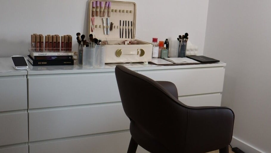 Artistry by Mariah's chic makeup corner in Royal Park, South Australia, featuring professional tools and products.