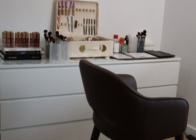 Artistry by Mariah's chic makeup corner in Royal Park, South Australia, featuring professional tools and products.