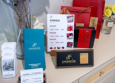 Promotional display and product setup at JF Acupuncture and Chinese Medicine, Wakerley, Queensland, AU.