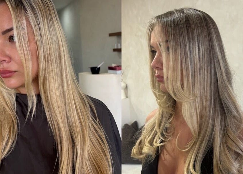 Side-by-side view of sleek, styled blonde hair at Bayse Hair Goldcoast, Nerang, Queensland, AU.