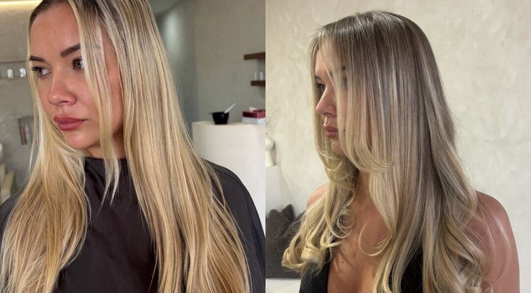 Side-by-side view of sleek, styled blonde hair at Bayse Hair Goldcoast, Nerang, Queensland, AU.