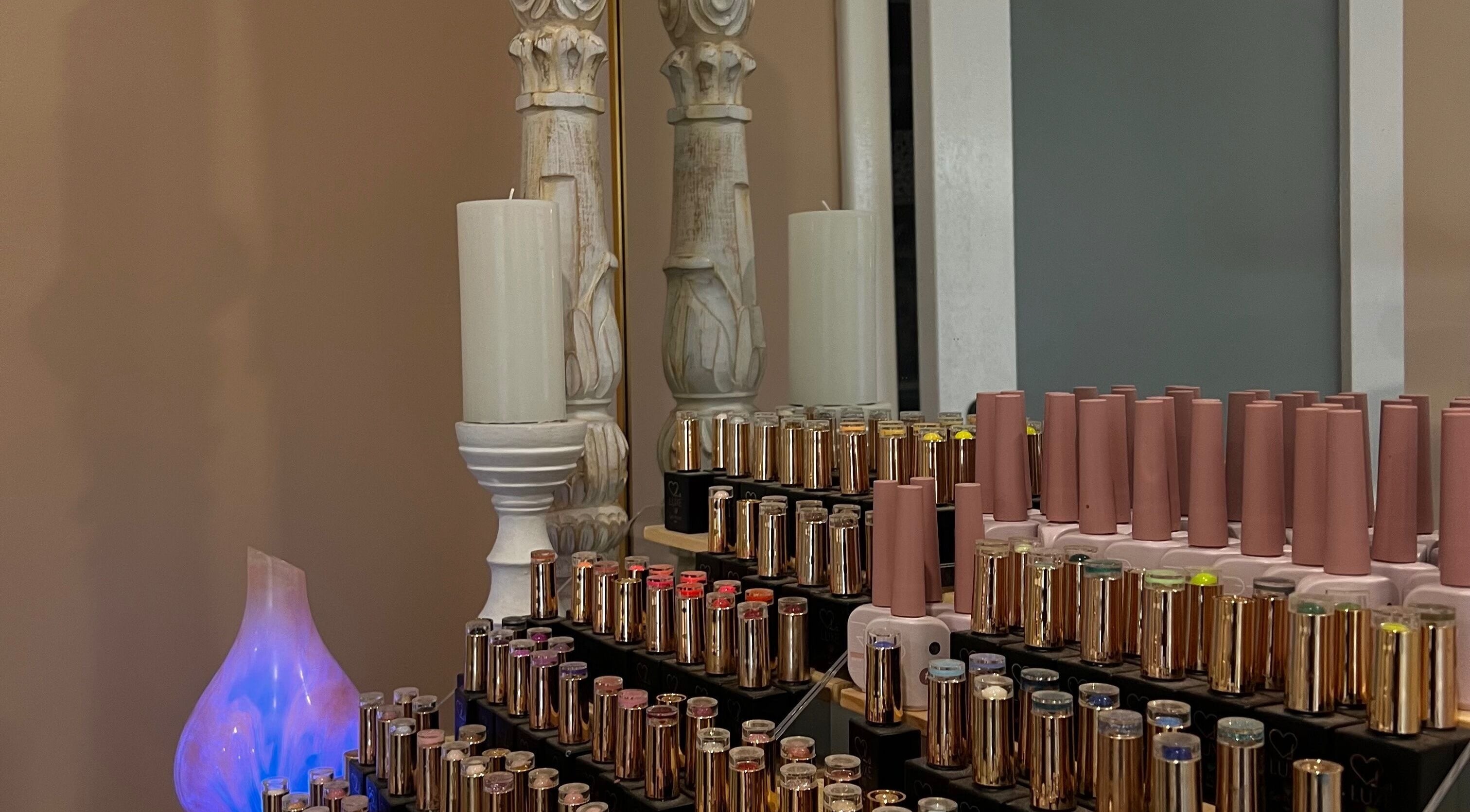 Elegant polish display at Ngaropo Nails, Cooloongup, Western Australia, AU, featuring an array of nail colors.