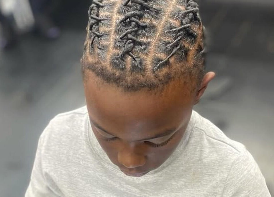 Intricate braided hairstyle at Dreads by Day in Decatur, Georgia, US.