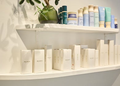 Stylish shelf at Jade Clifton Hair in Paddington, New South Wales, AU showcasing premium beauty products.