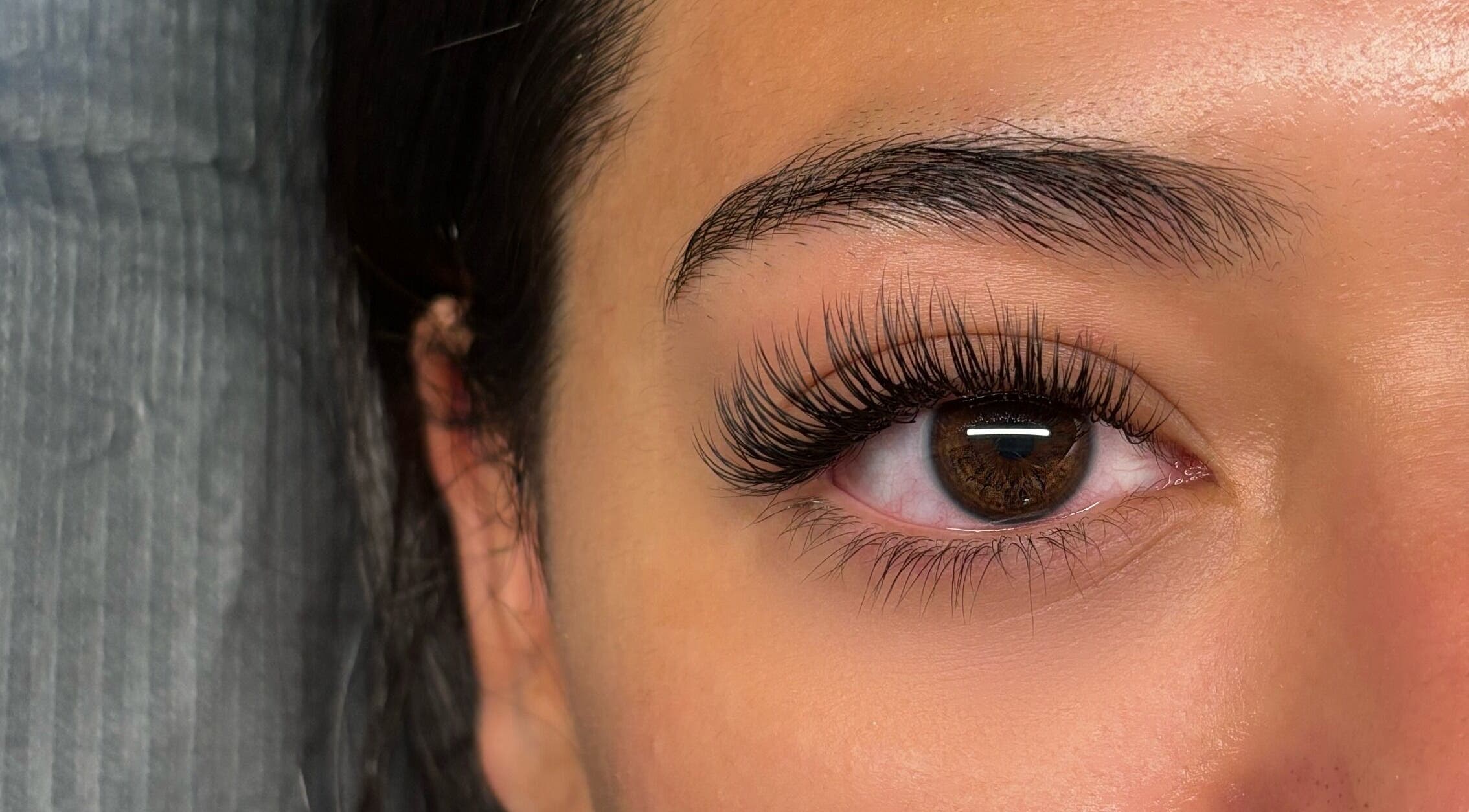 Close-up of eye with elegant eyelash extensions at Lunaria Lash Loft, Barrie, Ontario, CA.