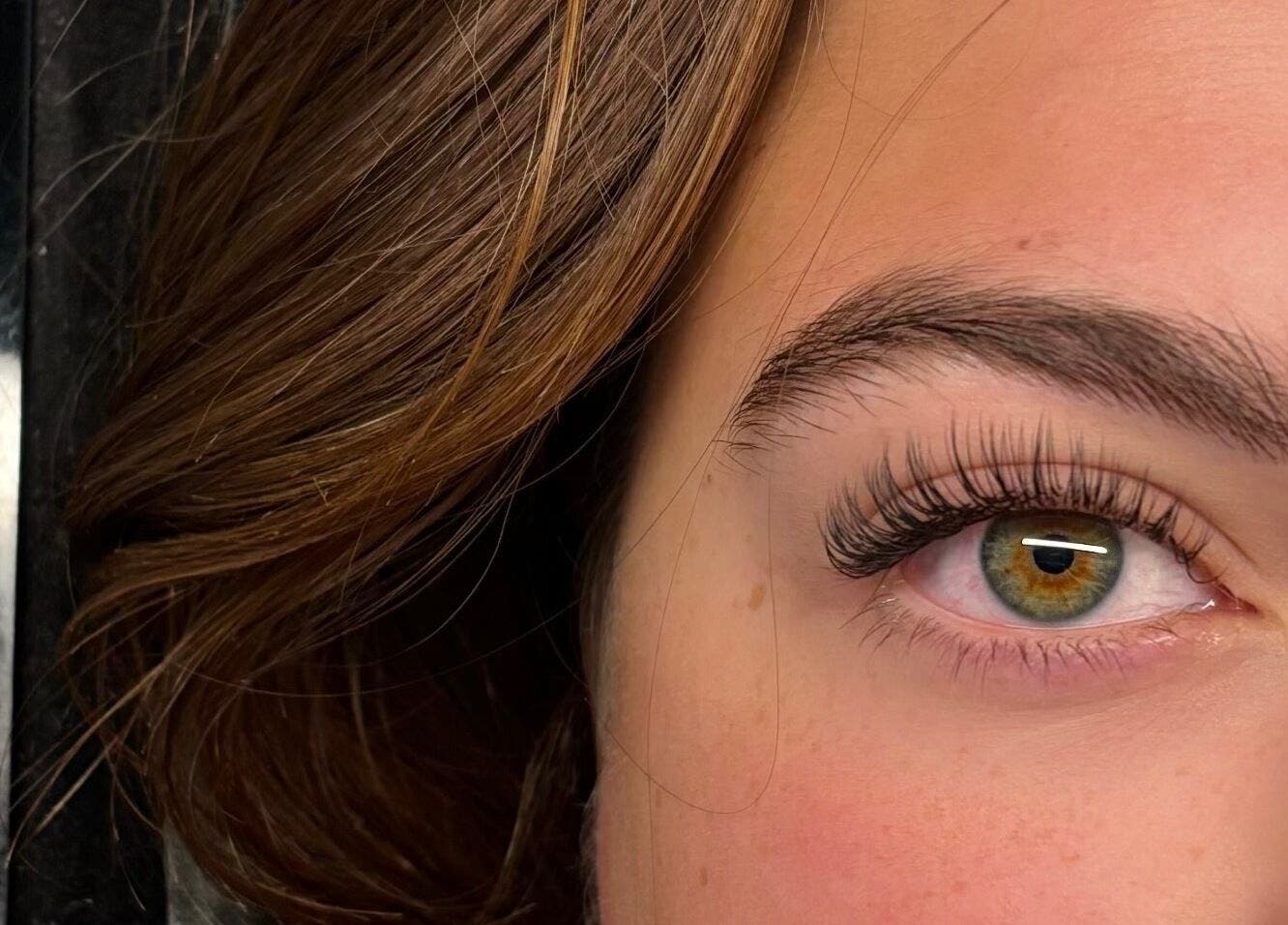 Close-up of a beautifully styled eye with lashes at Lunaria Lash Loft, Barrie, Ontario, CA.