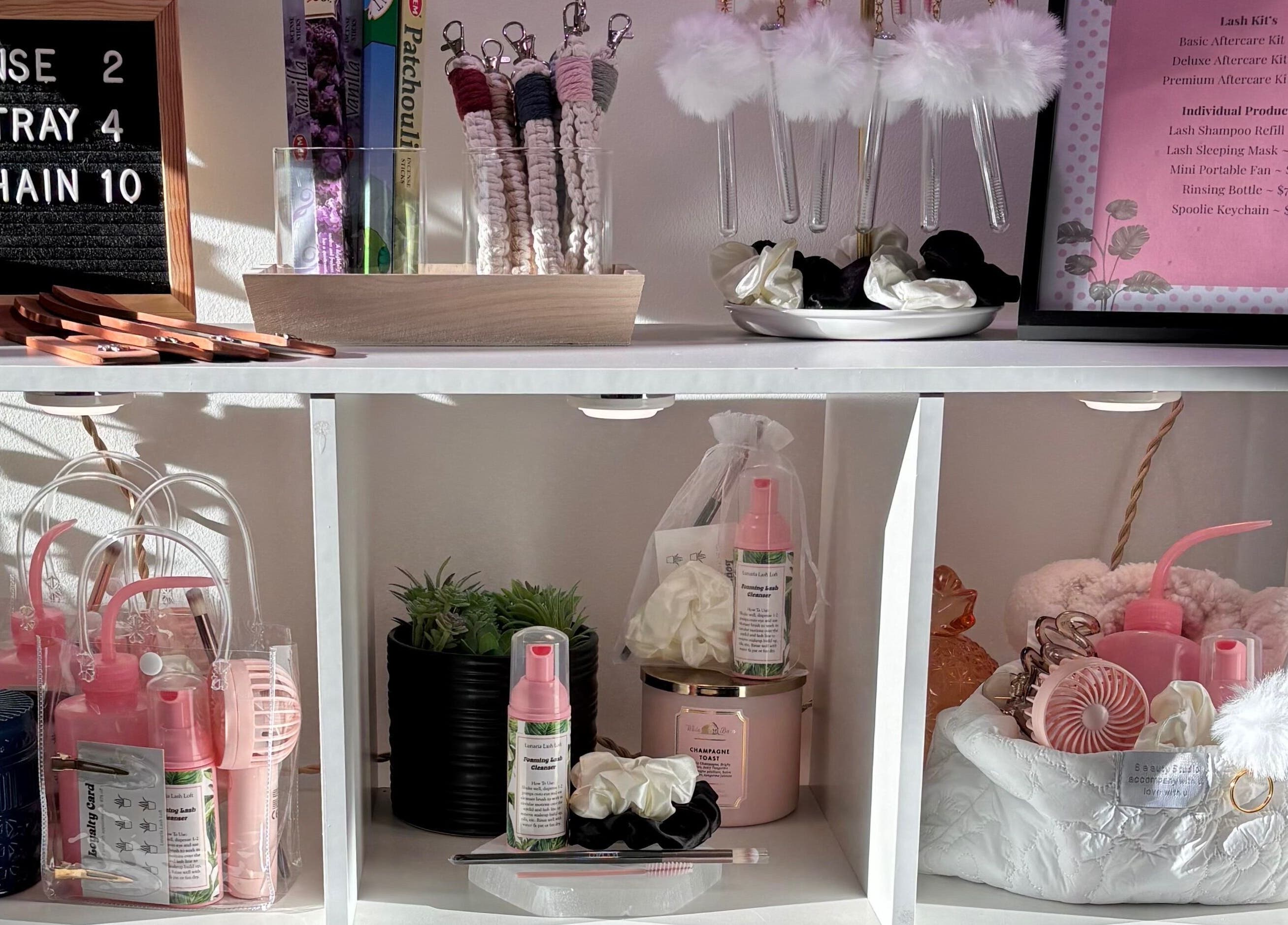 Beauty products and accessories on display at Lunaria Lash Loft, Barrie, Ontario, CA.