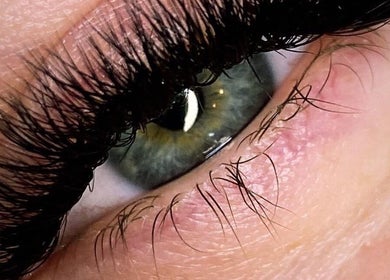 Close-up of enhanced eyelashes at T'Hairapy Studio, Kenosha, Wisconsin, US.