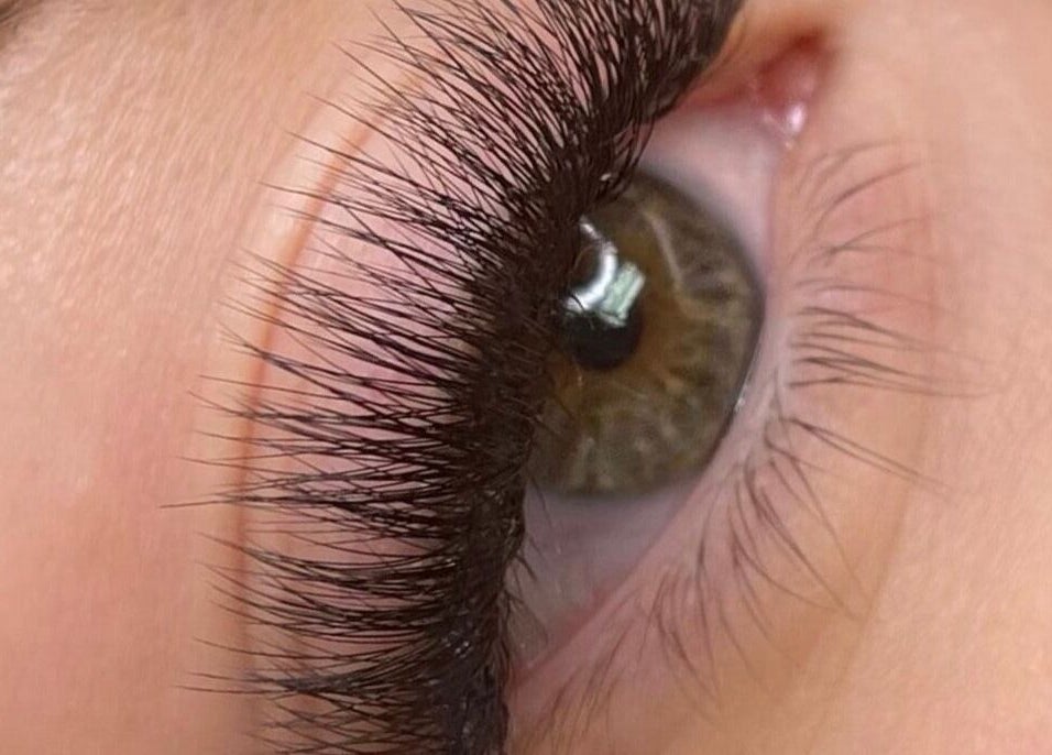 Close-up of enhanced eyelashes at T'Hairapy Studio in Kenosha, Wisconsin, US.