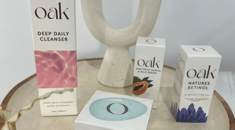 Oak medspa skincare products on display in Samford Village, Queensland, AU. Cleanser, serum, and retinol.