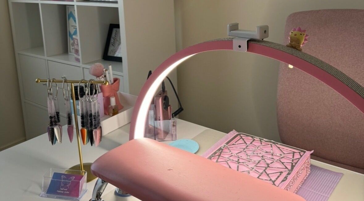 Nail design setup at Enchanted Beauty by Anti, Melbourne, Victoria, AU, featuring tools and decorations.