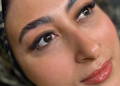 Close-up of perfectly shaped brows at Gyulya Yelaiah Beauty and Academy, Dublin, County Dublin, IE.