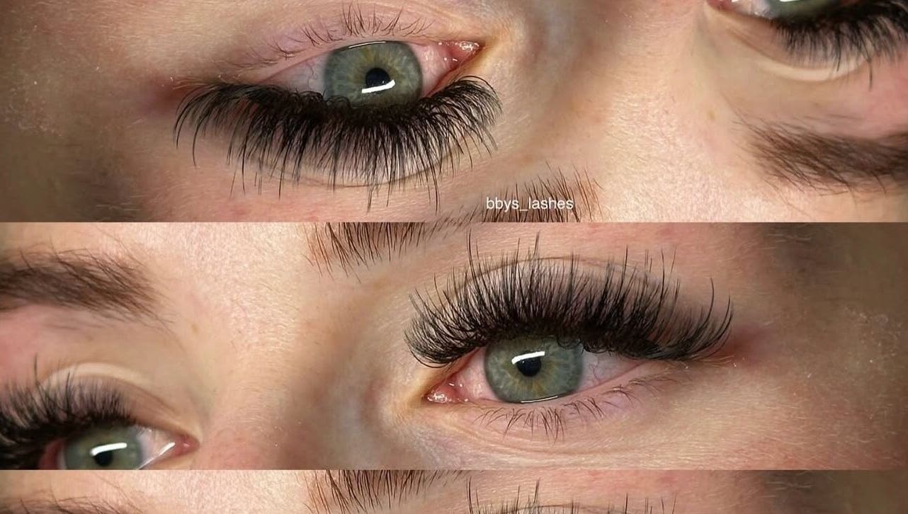 Close-up of eyelash extensions at Bbys Lashes & Nails, Sheffield, England, GB showcasing volume and style.
