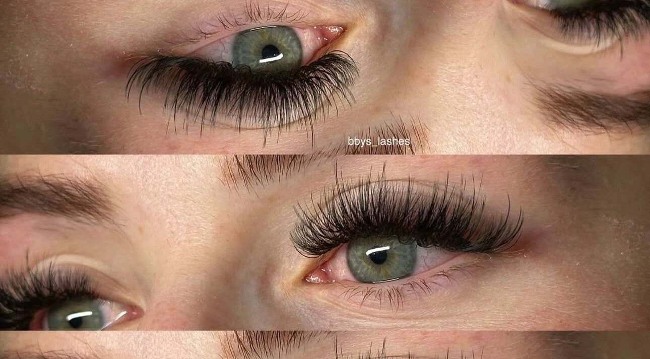 Close-up of eyelash extensions at Bbys Lashes & Nails, Sheffield, England, GB showcasing volume and style.