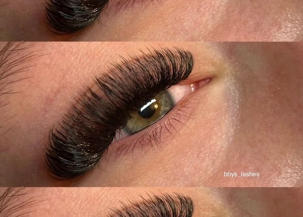 Close-up of eyelash extensions at Bbys Lashes & Nails in Sheffield, England, GB, showcasing detailed lash work.