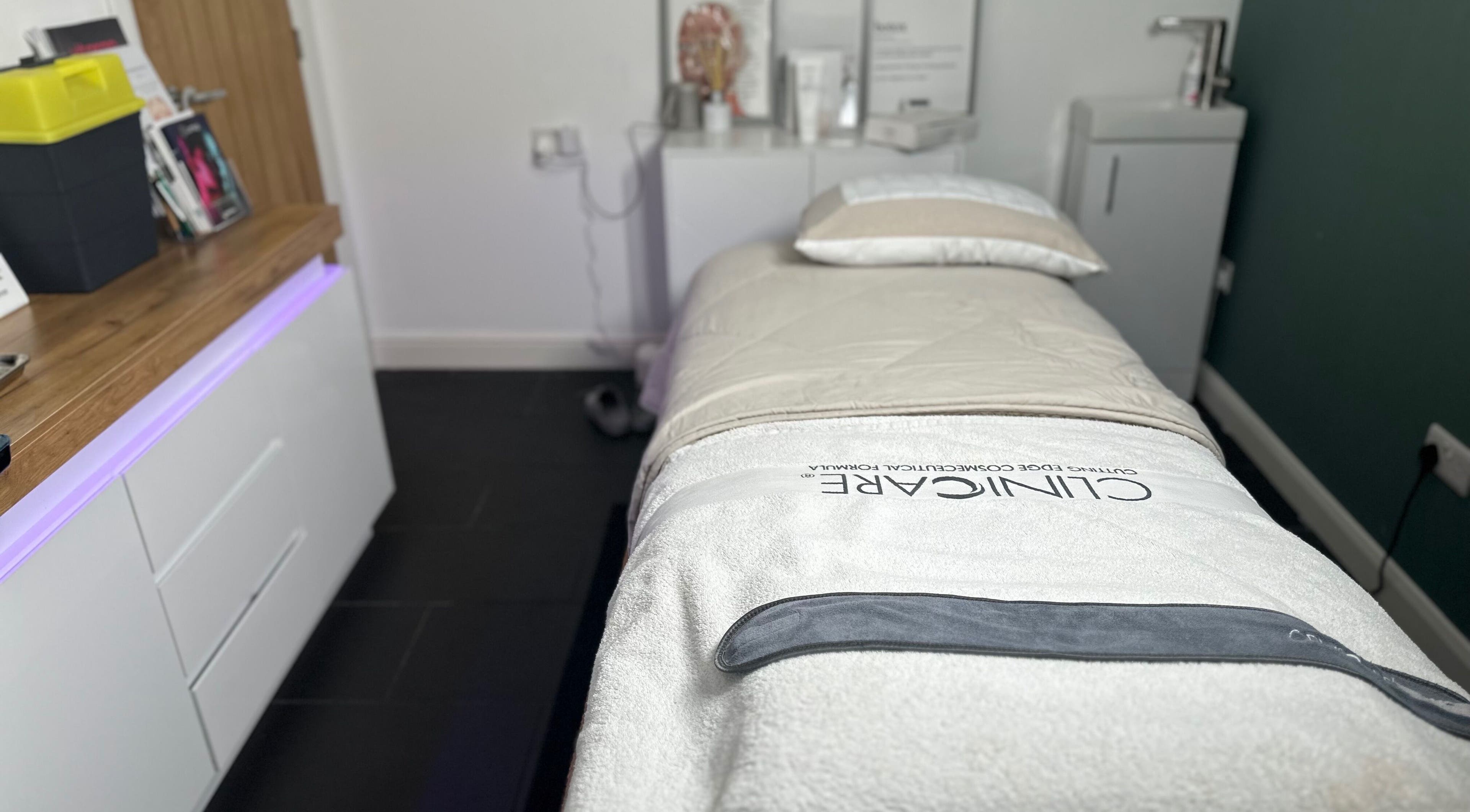 Cozy treatment room at The Renewed Lab in Harrold, England, GB, with a relaxing massage bed.