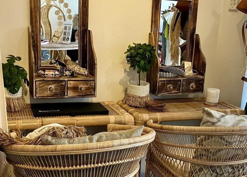 Cozy rattan chairs and rustic mirrors at You On Crown, Redfern, New South Wales, AU, perfect for wellness retreats.