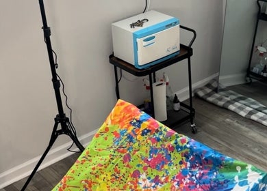 Vibrant splatter sheet at Sacred Diamond Groom + Well in Columbia, Tennessee, US.