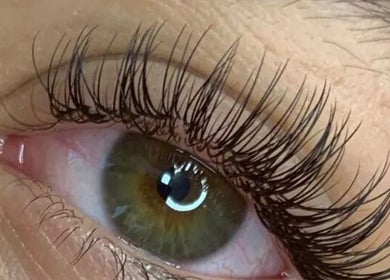 Close-up of enhanced eyelashes at Sleeping Beauty by Phoebe, Melbourne, Victoria, AU.