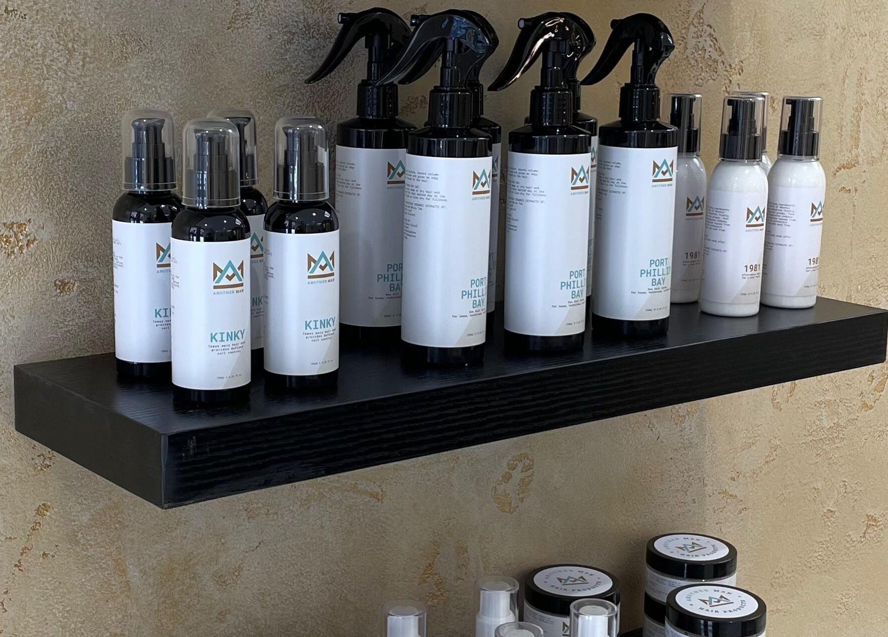 Premium hair products on display at Ripponlea - Another Man Barber & Shop, Melbourne, Victoria, AU.