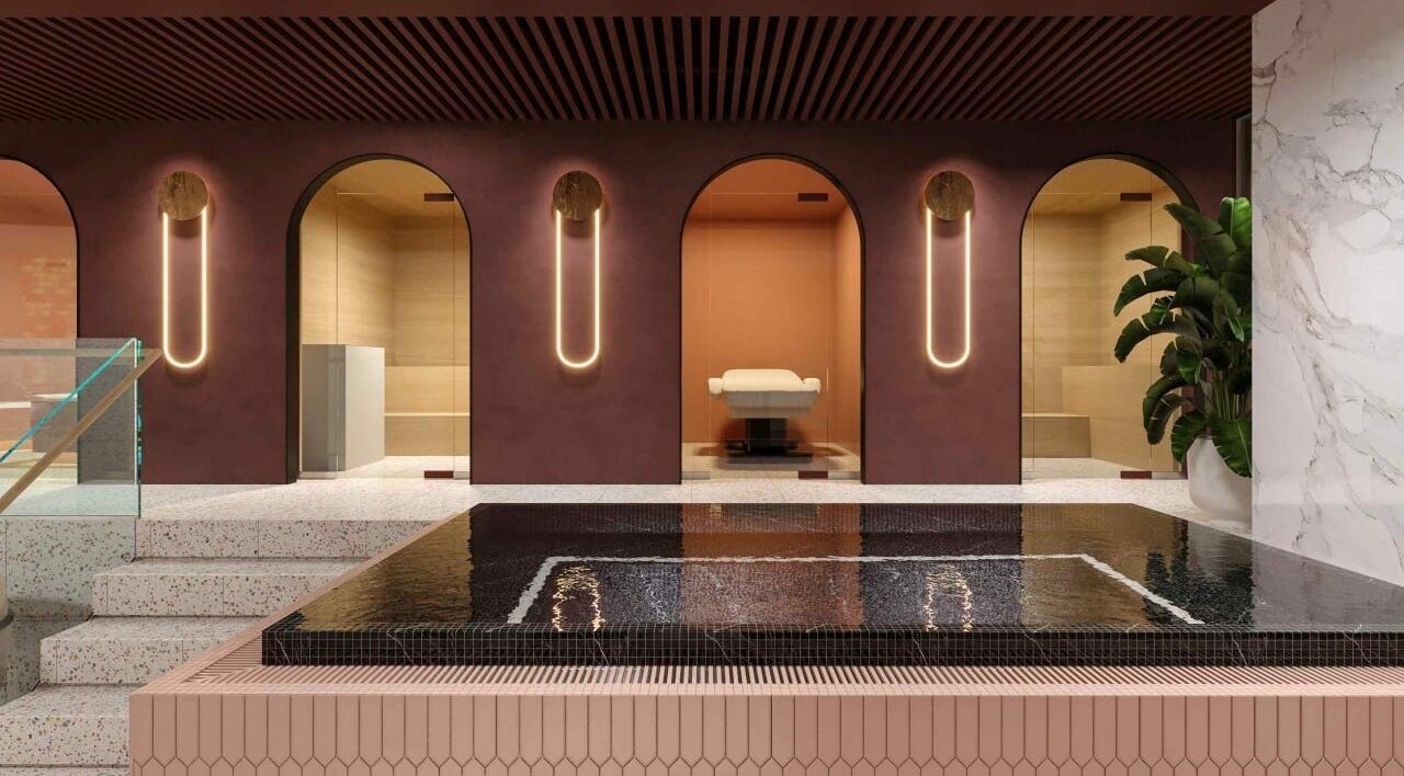 Luxurious interior of Euphoria Spa in London, England, GB featuring a modern relaxation area with elegant lighting.