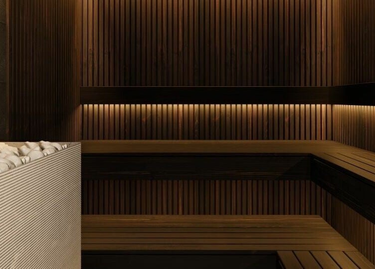Luxurious sauna at Euphoria Spa, London, England, GB, offering serene relaxation in a warm, wooden setting.