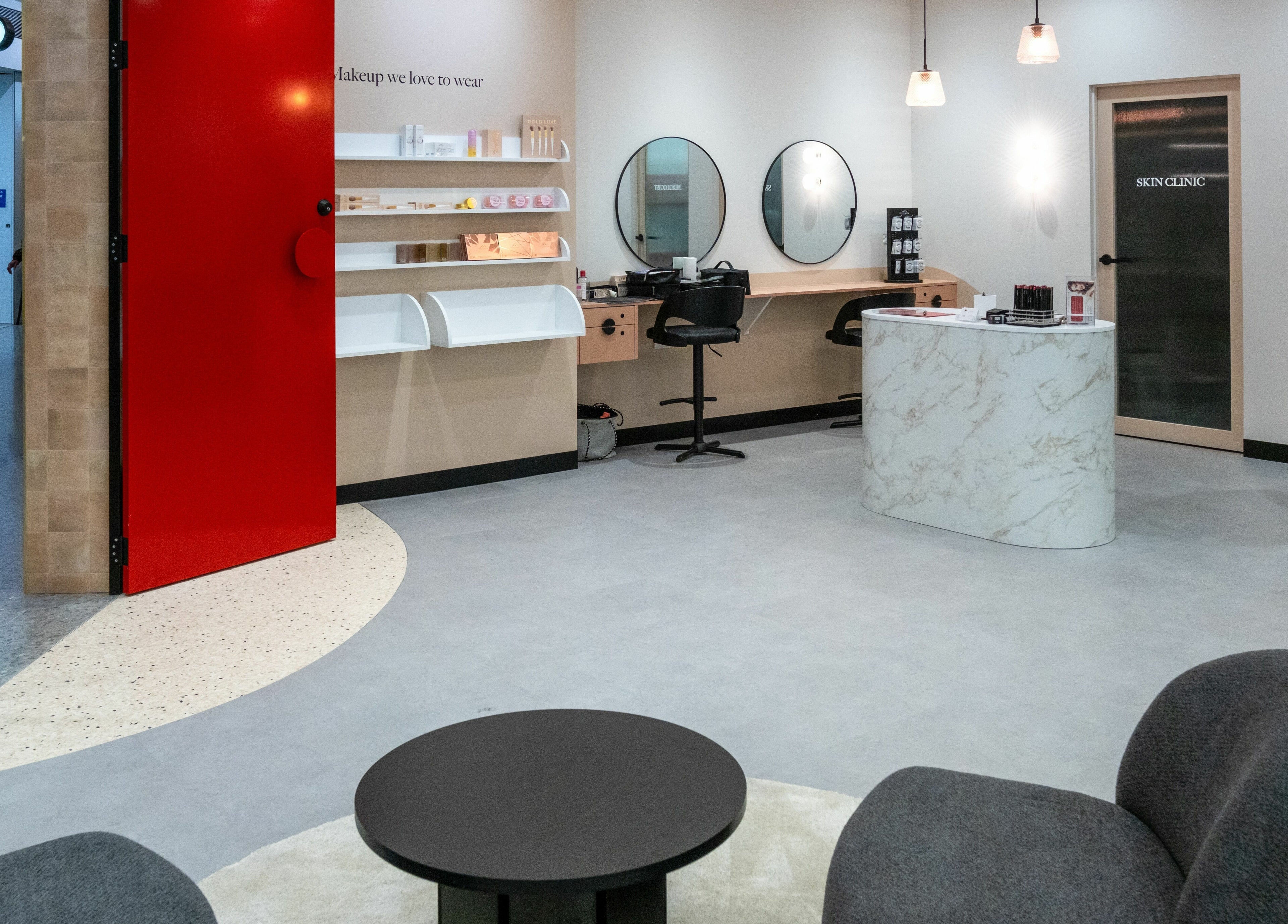 Modern interior of The Lip Lab at Perth, Western Australia, AU, featuring stylish beauty stations.