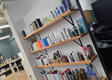 Shelves with beauty products at Beauty Revival, Ashland, Ohio, US.