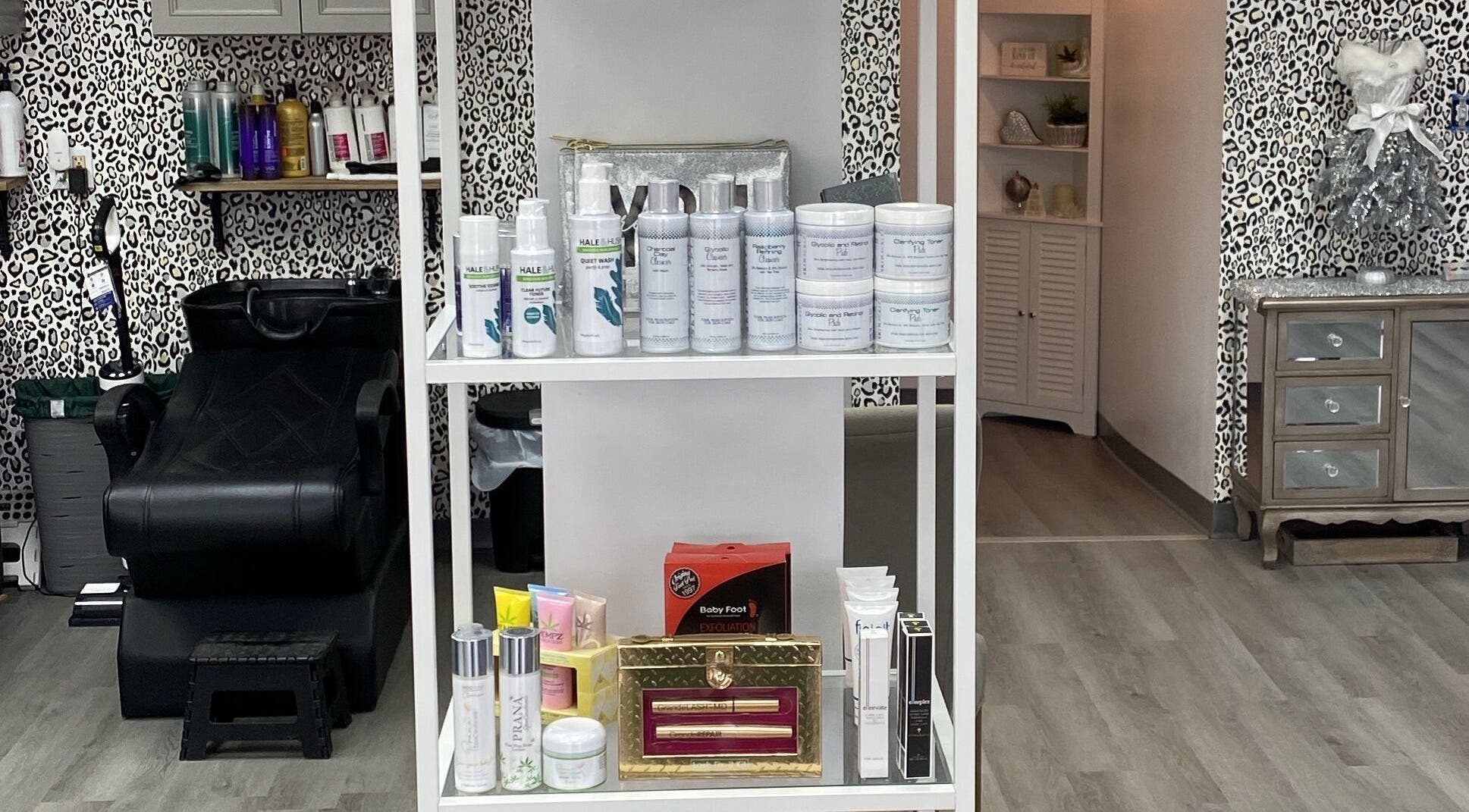Product shelves at The Beauty Beautique in Wilmington, Massachusetts, US showcase luxury beauty items.