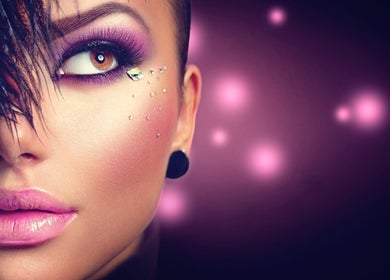 Close-up of a model's face with elaborate makeup at Skin clinic by Glamour Beauty, Bray, County Wicklow, IE.