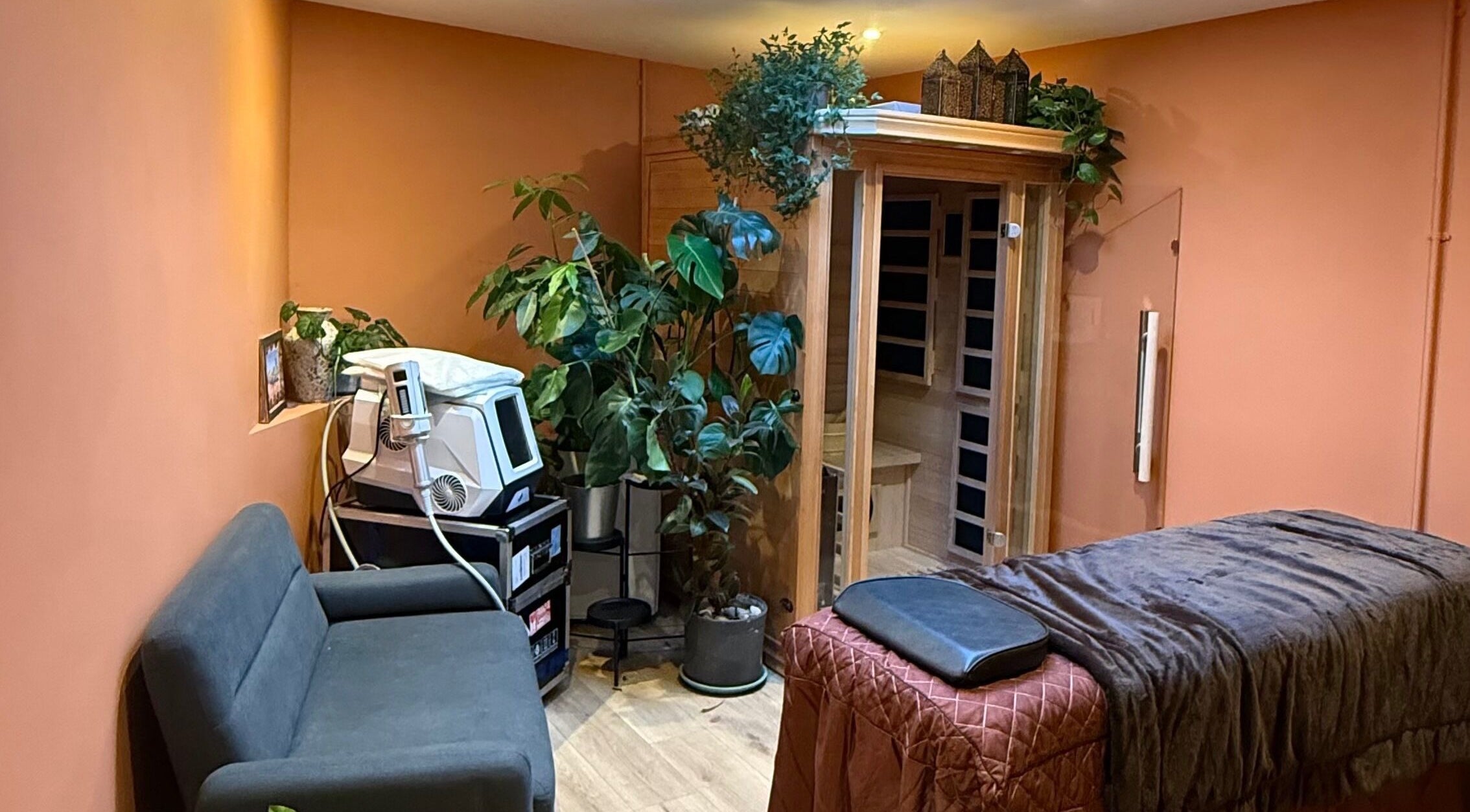 View of a serene treatment room with sauna at Point G, London, England, GB.
