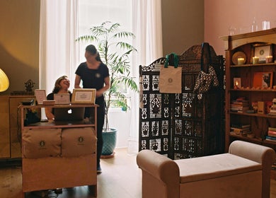 Reception area at OMH Therapies Yoga & Meditation Studio Edinburgh, featuring serene decor in Edinburgh, Scotland, GB.