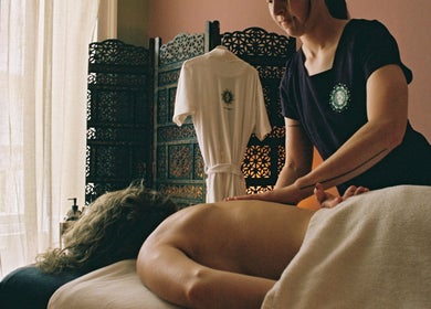 Massage therapy session at OMH Therapies Yoga & Meditation Studio Edinburgh, Scotland, GB.