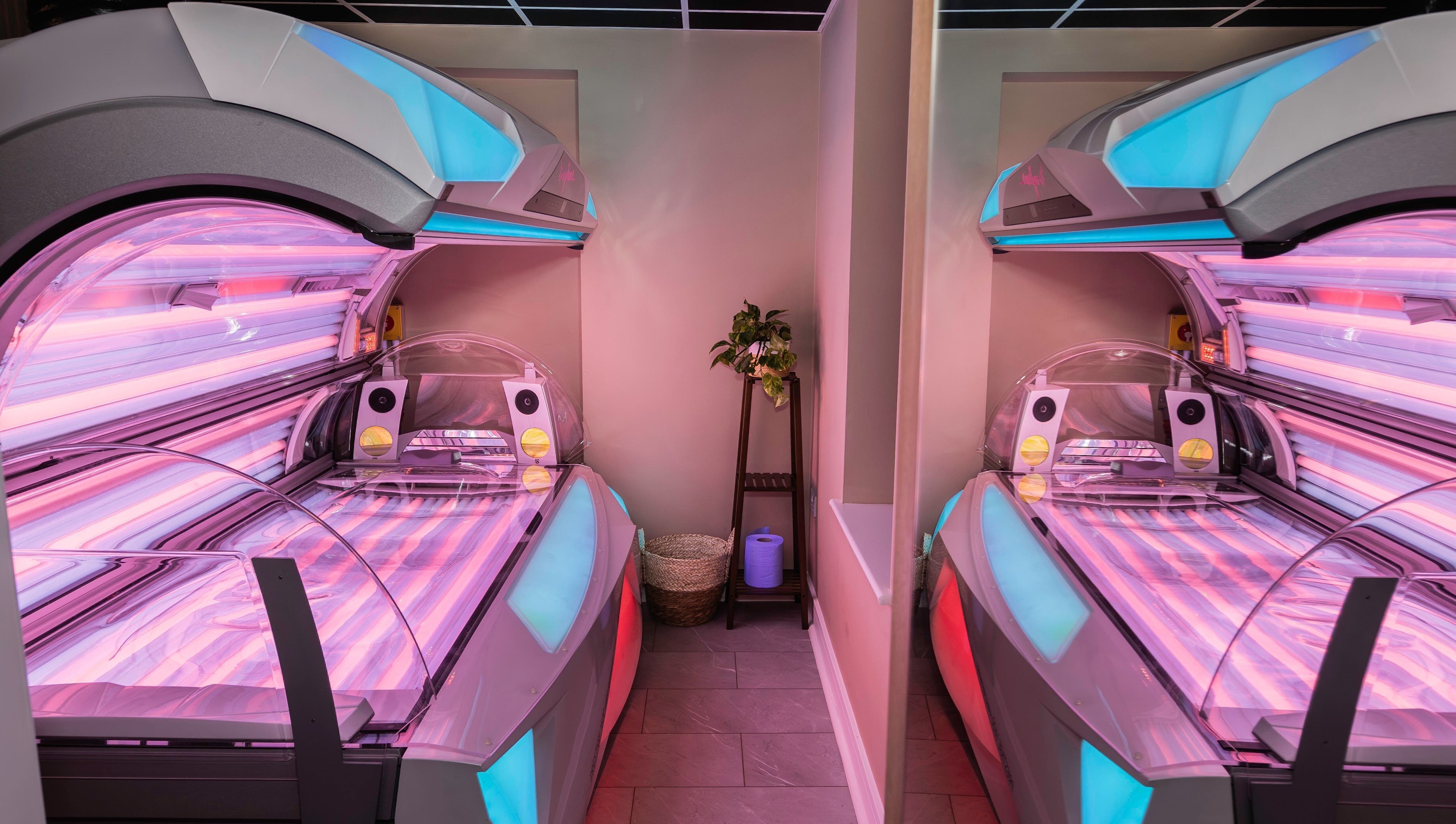 Modern tanning beds at Glow Club, Skegness, GB, offering luxurious wellness services.