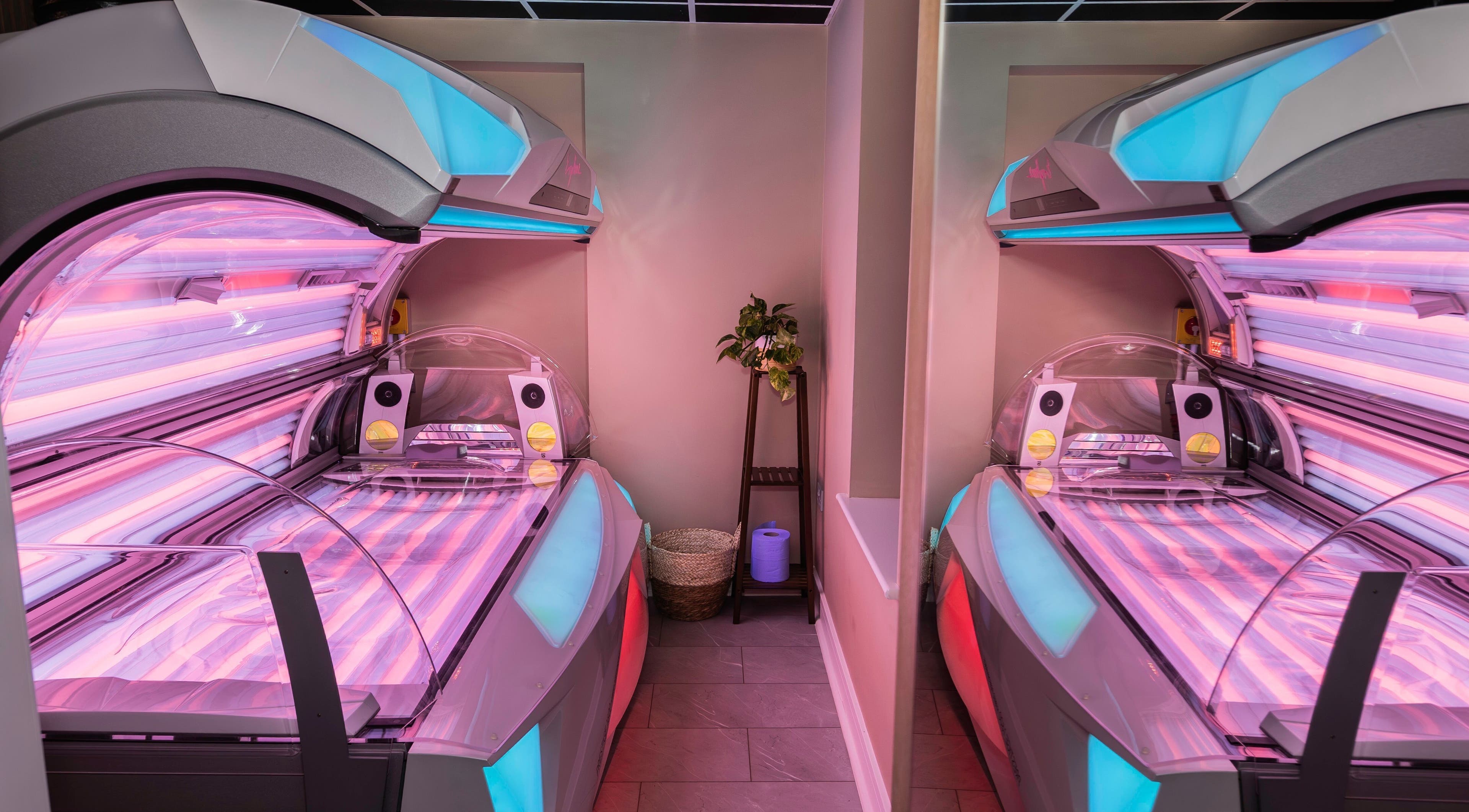 Modern tanning beds at Glow Club, Skegness, GB, offering luxurious wellness services.