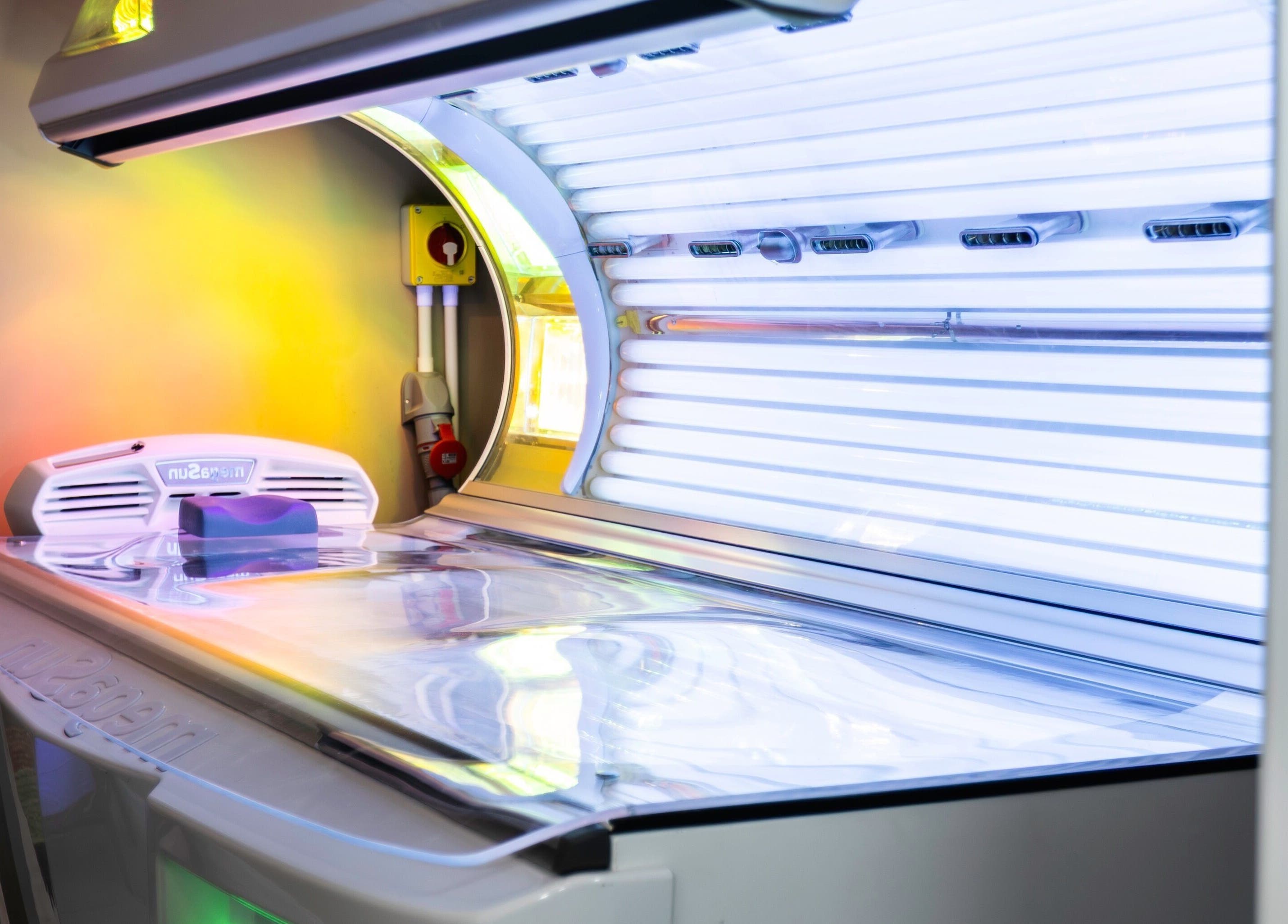 Modern tanning bed at Glow Club, Skegness, GB, offering premier sunbed sessions for a flawless tan.