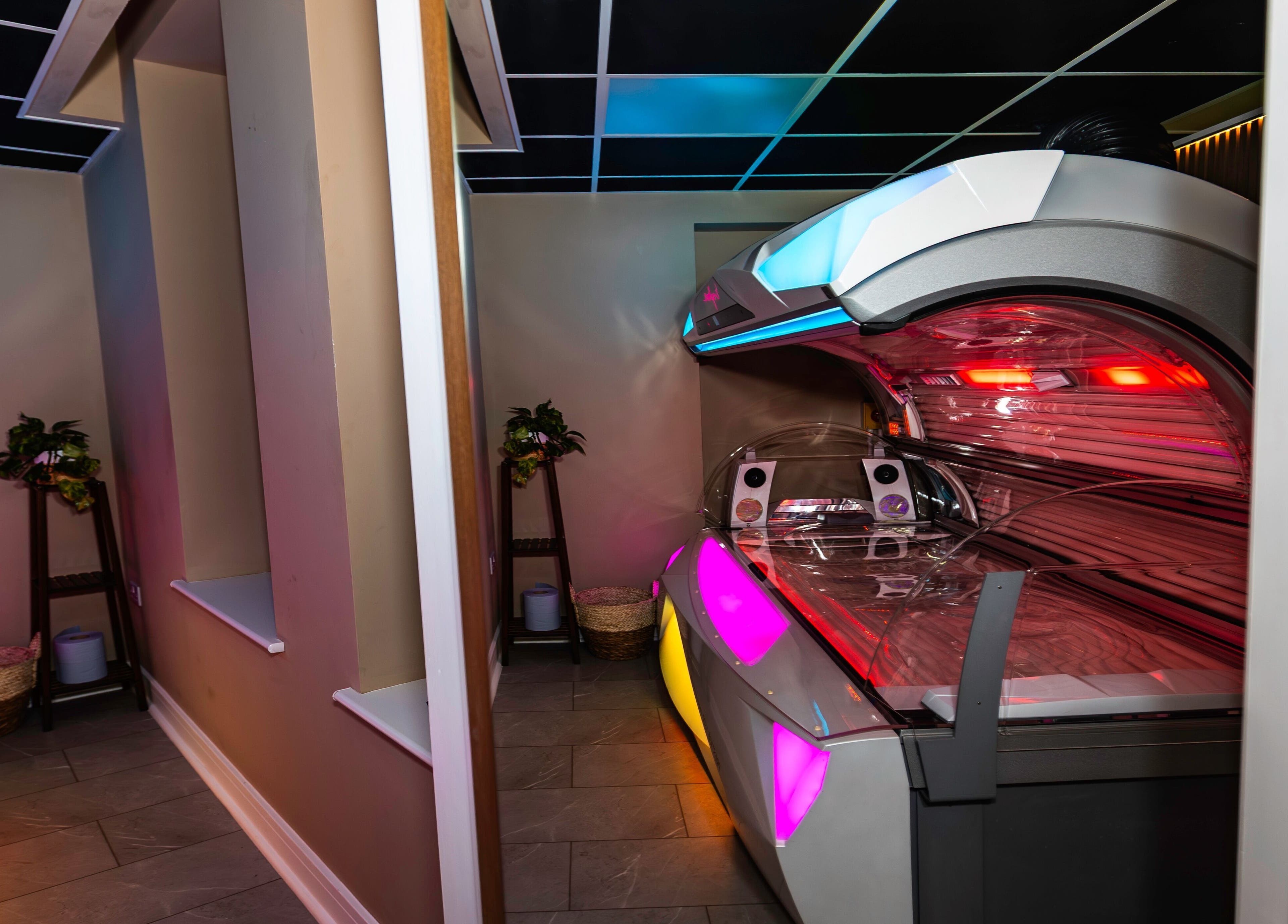 Modern tanning bed at Glow Club, Skegness, GB offers a vibrant wellness experience.