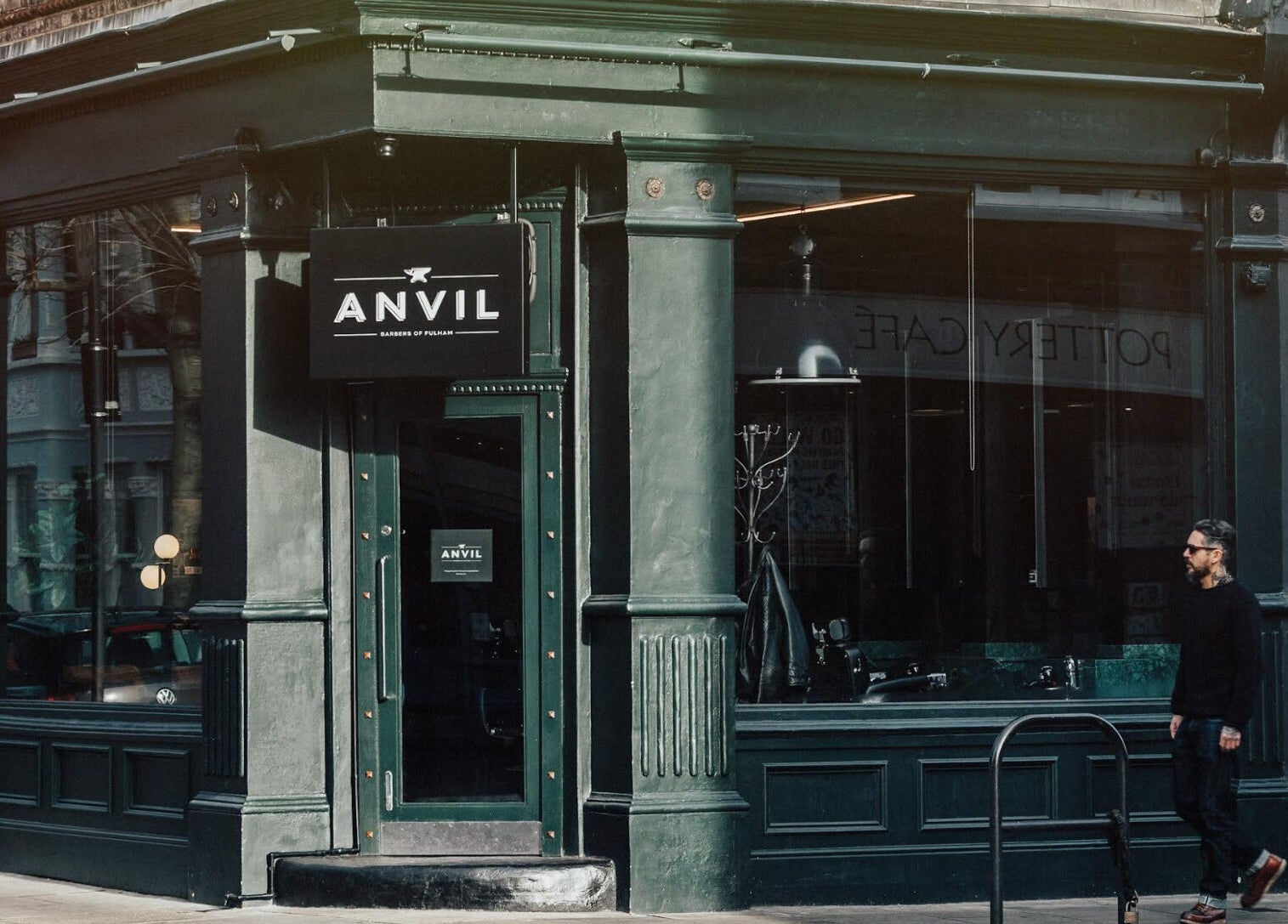 Front view of Anvil Barbers, London, England, GB showcasing classic architecture.