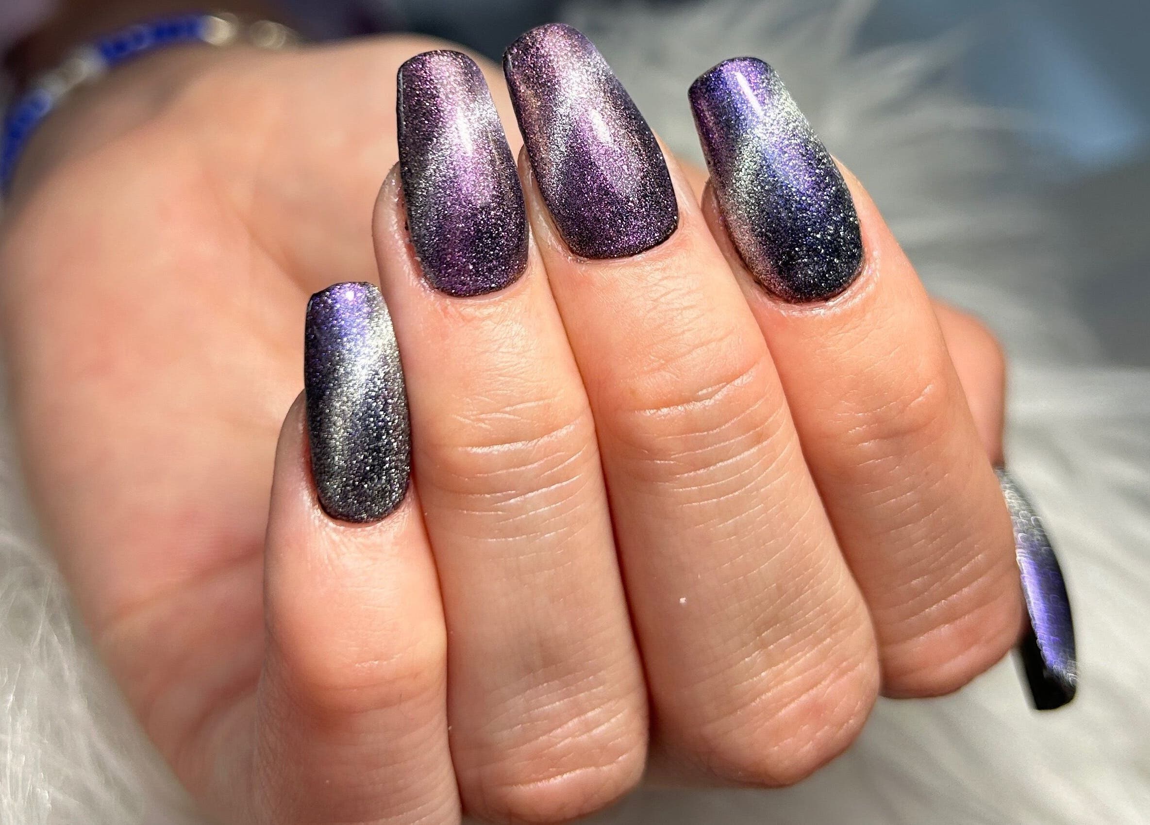 Shimmering purple nails at Kara Beauty, located in Cape Town, Western Cape, ZA.