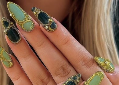 Intricately designed gemstone nails at Evergreen Beauty, Desborough, England, GB offering unique nail art.