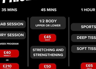 Bruprofitness Sports massage pricing chart in Nottingham, England, GB shows session durations and rates.