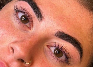 Close-up of freshly styled eyebrows and lashes at Get Lashed with Ab, Basildon, England, GB.